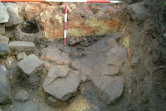 Little Furnace Wood, Apr 2004, Consolidation hearth beneath collapsed brickwork in front of furnace 1: photo J. Hodgkinson