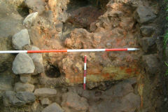 Little Furnace Wood, Apr 2004, Consolidation hearth beneath collapsed brickwork in front of furnace 1: photo J. Hodgkinson