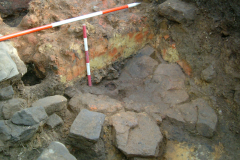 Little Furnace Wood, Apr 2004, Consolidation hearth beneath collapsed brickwork in front of furnace 1: photo J. Hodgkinson